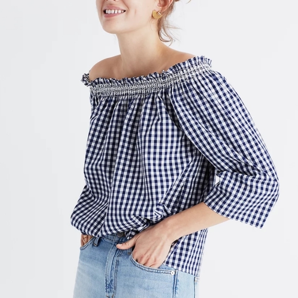 Madewell smocked gingham off the shoulder top XXS